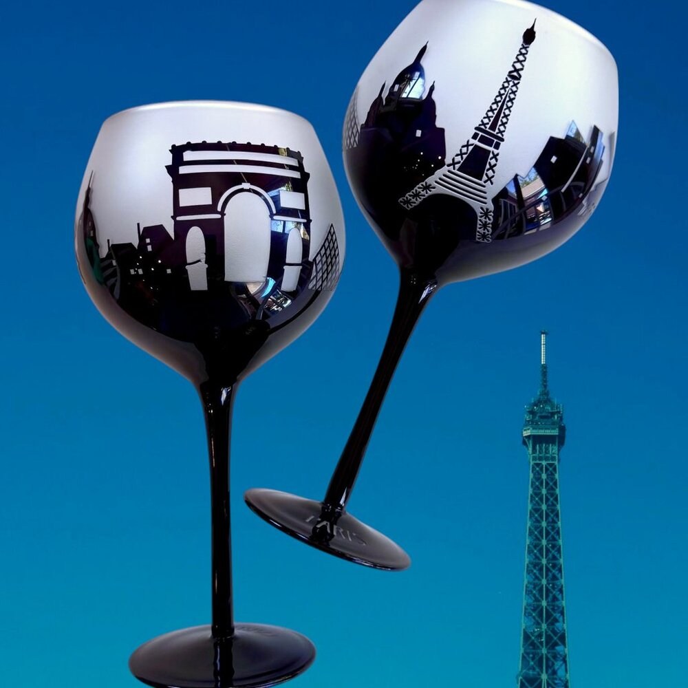 Set Paris Cityscape Wine Glasses Oversized Frosted Glass Black Skyline Handcraft